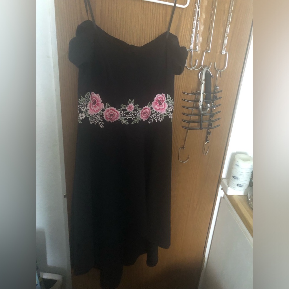 Premier Black Mini Dress with Pink Floral Embroidery- $65 or $50 w/offer